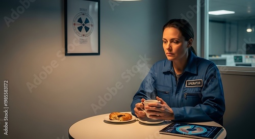 Industrial Operator Having a Coffee Break in a Lab