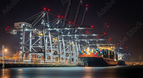 Industrial Port at Night with Container Ships and Cranes