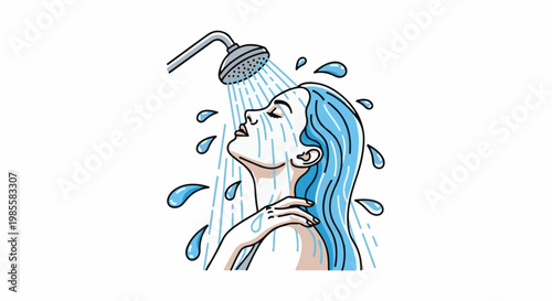 Woman with blue hair under a shower, water droplets
