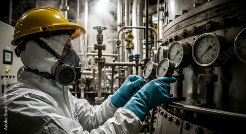 Industrial Worker in Protective Gear Inspecting Gauges