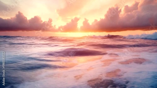 Serene sunset over ocean waves with vibrant colors reflecting on water surface