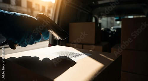 Logistics Worker Scanning Barcode on Package in Van
