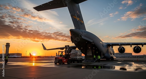 Military Cargo Plane Loading at Sunset