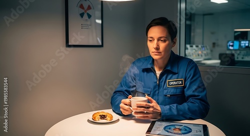 Pensive Female Operator on Coffee Break During Night Shift