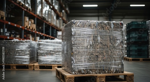 Recycled Cardboard Bale on Pallet in Industrial Warehouse