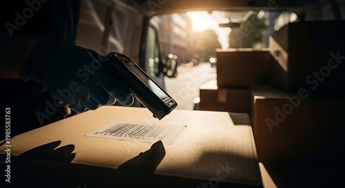 Scanning Barcode on Package in Delivery Van