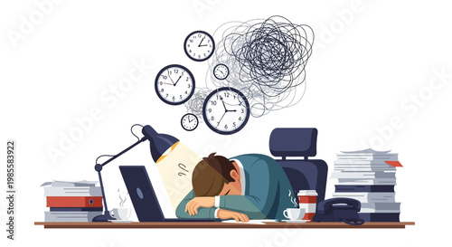 Vector illustration of a stressed businessman sleeping at his desk under floating clocks and scribbles, conveying frustration in a bright office with a pile of paperwork