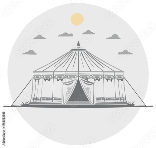 Classic striped circus tent illustration with open entrance outdoors under sun and clouds