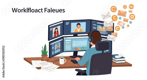 Illustration of a remote worker with a headset at a computer with multiple screens showing video calls and floating emails, set against a clean white background in a vector design style