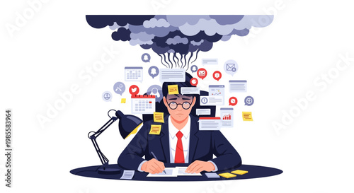 Illustration of a stressed businessman writing at a desk with papers and floating infographics, depicted with flat vector design and a dark cloud above, symbolizing work overload