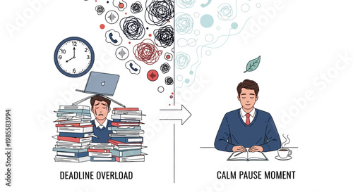 Split illustration contrasting a stressed worker overloaded with books and a laptop against a chaotic background with a calm worker in a tranquil setting with a leaf, conveying a peaceful