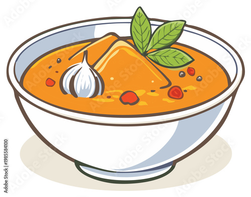 Flavorful Tomato Soup with Garlic and Fresh Herbs Garnished with Bread Slices