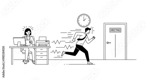 Monochromatic vector illustration depicting a businessman rushing to a meeting, leaving a bewildered colleague at her desk, with dynamic speed lines conveying urgency in a minimalist office