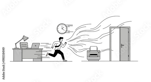 Monochrome vector illustration of a man running from his desk to a door while being chased by papers and a printer, in a minimalist style that suggests a stressful and overwhelming situation