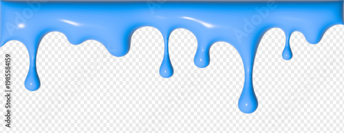 Glossy blue melt dripping ice cream texture with smooth blueberry liquid flow. 3D sweet dessert drip border isolated on transparent backgroun