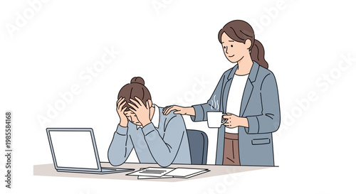 Kind woman supporting a stressed colleague with her hands on her face, standing in a bright office, offering empathy and holding a cup of coffee in a compassionate and supportive scene