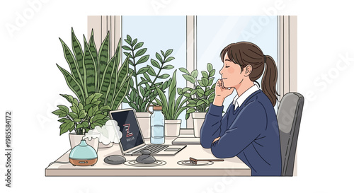 Illustration of a young woman thoughtfully pausing at her desk, adorned with lush green plants and a laptop, in a serene and bright home office setting, creating a calm atmosphere