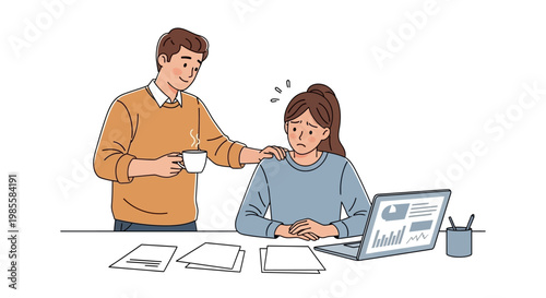 Concerned man comforting a stressed woman with a cup of coffee at her desk in a flat vector illustration against a clean white background, conveying a supportive mood with gentle lighting