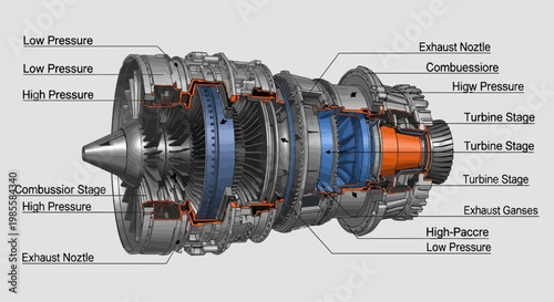 Cross Section of a Modern Turbofan Engine: Detailed Internal Components Turbine Stages and High-Pressure Compressors in Complex Engineering Design