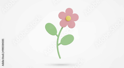 Cute pink daisy illustration with yellow center on a stem with green leaves in cartoonish style against a white background