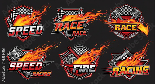 Racing emblems with flames and checkered flags.