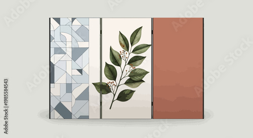 Decorative folding screen featuring geometric botanical and solid terracotta panels adding a touch of modern art to interior spaces