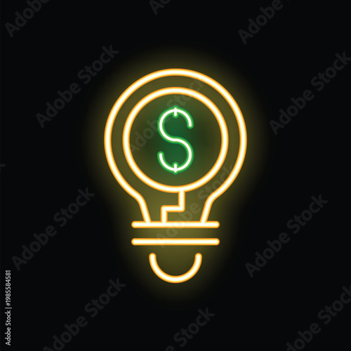 Neon light bulb glowing with dollar sign inside symbolizing profitable business idea on black background