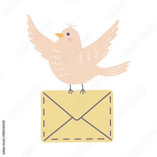 A cute vector illustration of a cartoon homing pigeon or carrier dove delivering a sealed mail envelope or letter. Perfect for communication, post, and delivery designs
