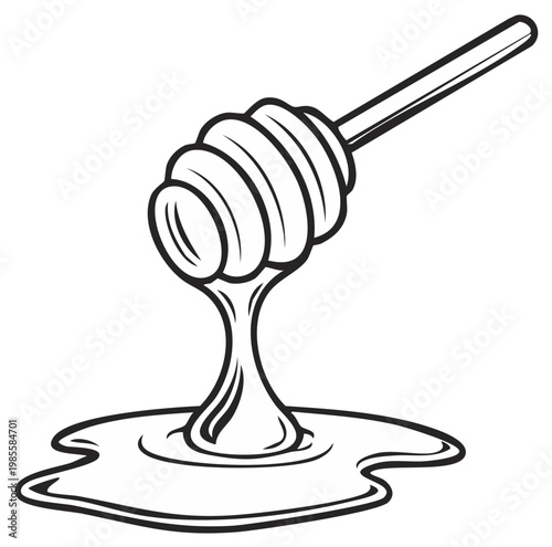 Viscous golden honey dripping from a wooden dipper onto a sweet puddle