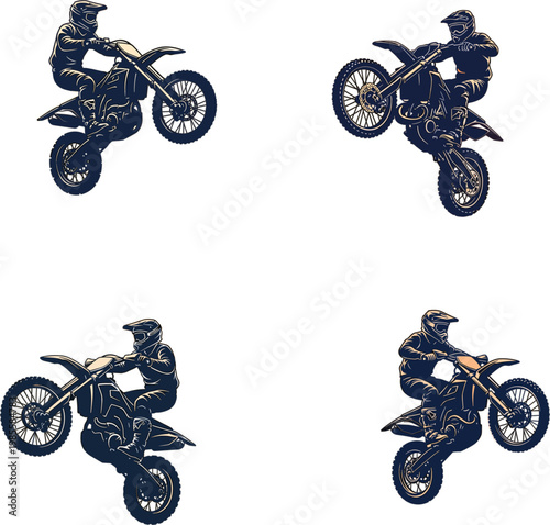 Motocross rider performing extreme stunt wheelie on dirt bike for offroad racing competition motorcycle sports adventure