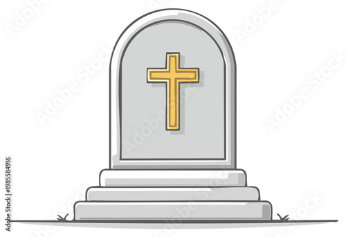 Simple cartoon tombstone with a gold cross and layered base on white