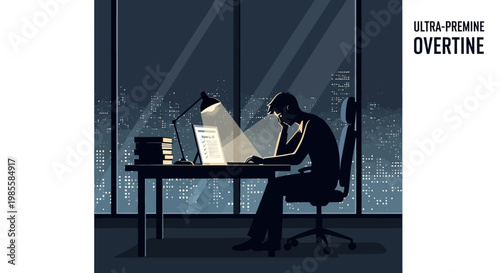 Silhouette of a man working late on a laptop in a dark office with a city view, illuminated by a desk lamp, creating a somber mood with strong contrast and hard lighting