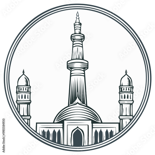 Stylized Islamic mosque with minarets and dome captured within a circular frame
