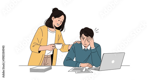 Concerned woman offering a cup of coffee to a stressed man working at his laptop in a clean, minimalist office, with a gentle, supportive mood and a hand-drawn illustration style that feels