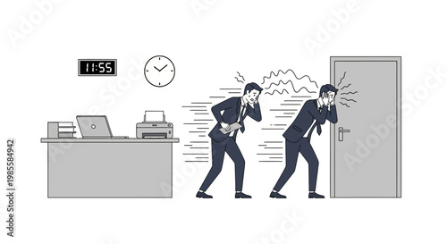 Line art depicts a frustrated businessman covering his ears in an office, escaping noise pollution near a closed door, with a monochrome color scheme conveying a stressful mood