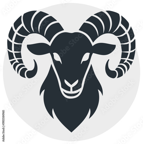 Bold graphic illustration of a ram or mountain sheep head with large curved horns