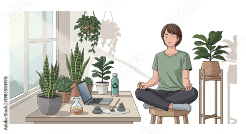 A woman meditates in a serene, sunlit room filled with potted plants, practicing mindfulness near a desk with a laptop, rendered in a calming vector illustration with soft, muted tones