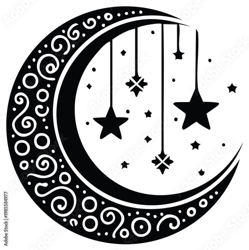 Black and White Crescent Moon with Dangling Stars Decorative Graphic