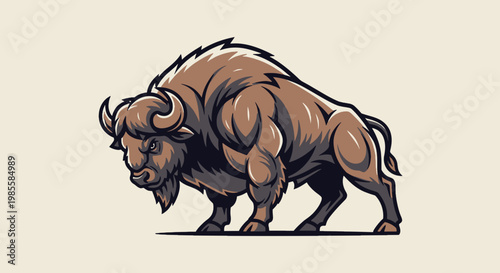 Detailed illustration of a powerful bison in a strong stance showcasing its muscular build and striking horns in a cartoon style