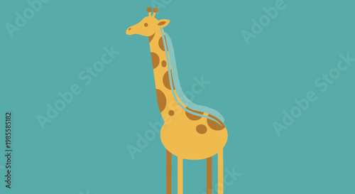 Cartoon giraffe with brown spots and blue accents standing against a turquoise background in a whimsical illustration style
