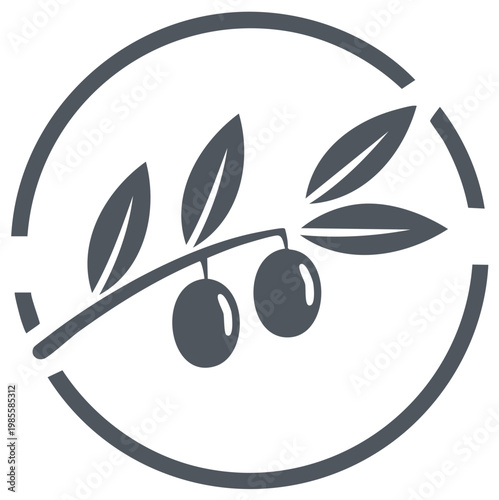 Minimalist olive branch with two ripe olives and leaves in a stylized broken circular frame icon