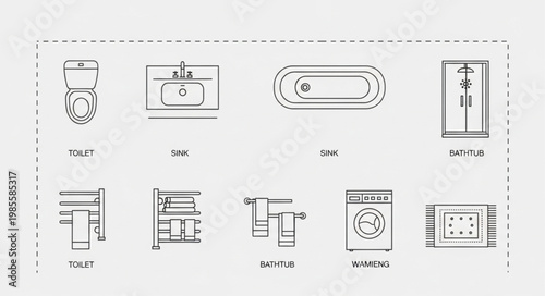 Collection of bathroom fixture line drawings with labels.