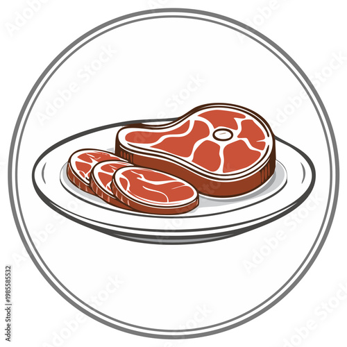 Illustration of beef steak and slices on a plate inside a circular frame