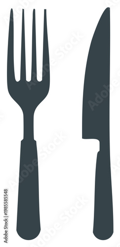 Clean and minimalist vector illustration of a dark gray fork and knife set for dining