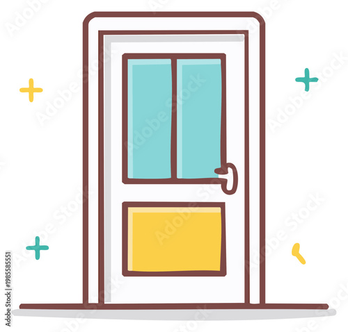 Simple cartoon door with yellow panel and blue glass sections with sparkles