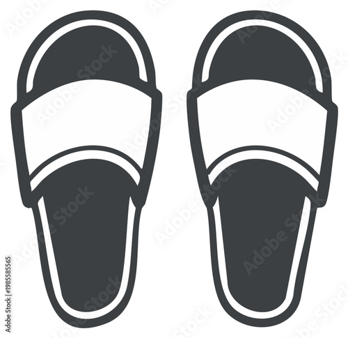 Simple dark gray slide sandals with white straps create a clean graphic illustration.