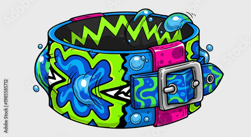 Colorful cartoon dog collar with neon green bright blue and pink pattern details pet accessory with buckle in vector style illustration