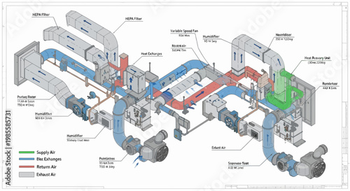 Diagram of an HVAC system with HEPA filters and a heat recovery unit showing ventilation supply and exhaust airflows in an illustration