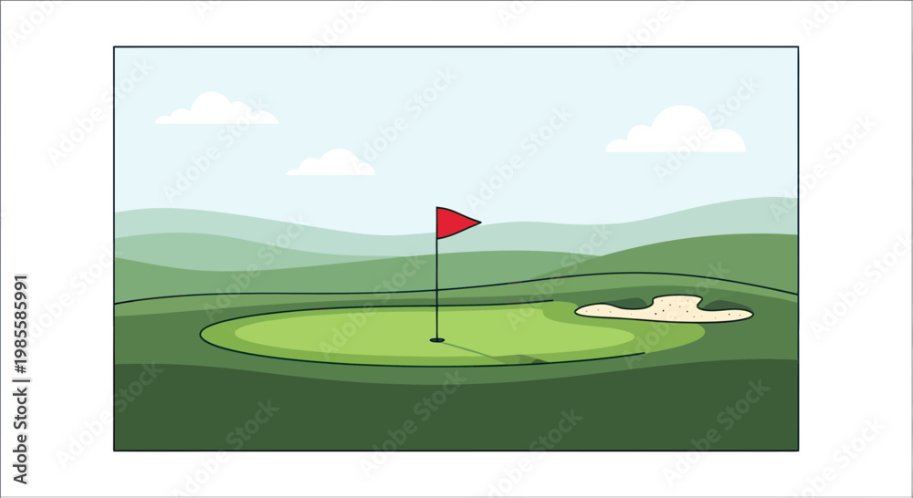Fototapeta premium Golf Course Green With Flag and Sand Trap, Rolling Hills Background