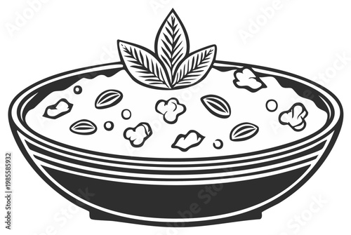 Healthy breakfast bowl of oatmeal or porridge with nuts and leaves line art icon